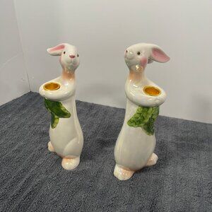 Vintage Bunny Rabbit Taper Candle Holders (Ceramic, Hand-painted, likely Easter